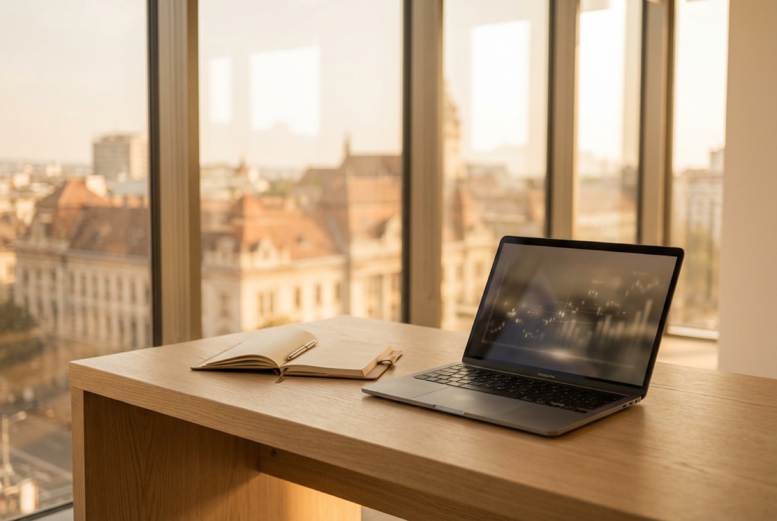 Birou modern cu laptop și notebook, priveliște spre oraș — integrări AI pentru companii românești