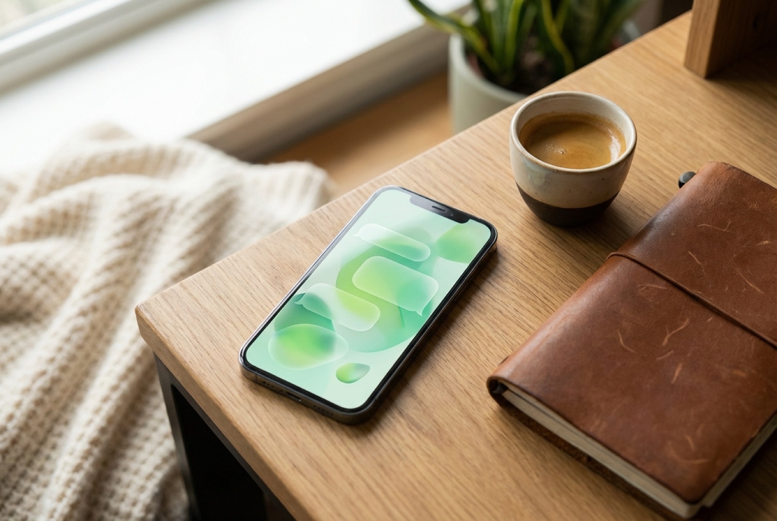 Smartphone cu interfață de chat pe birou — automatizări WhatsApp Business