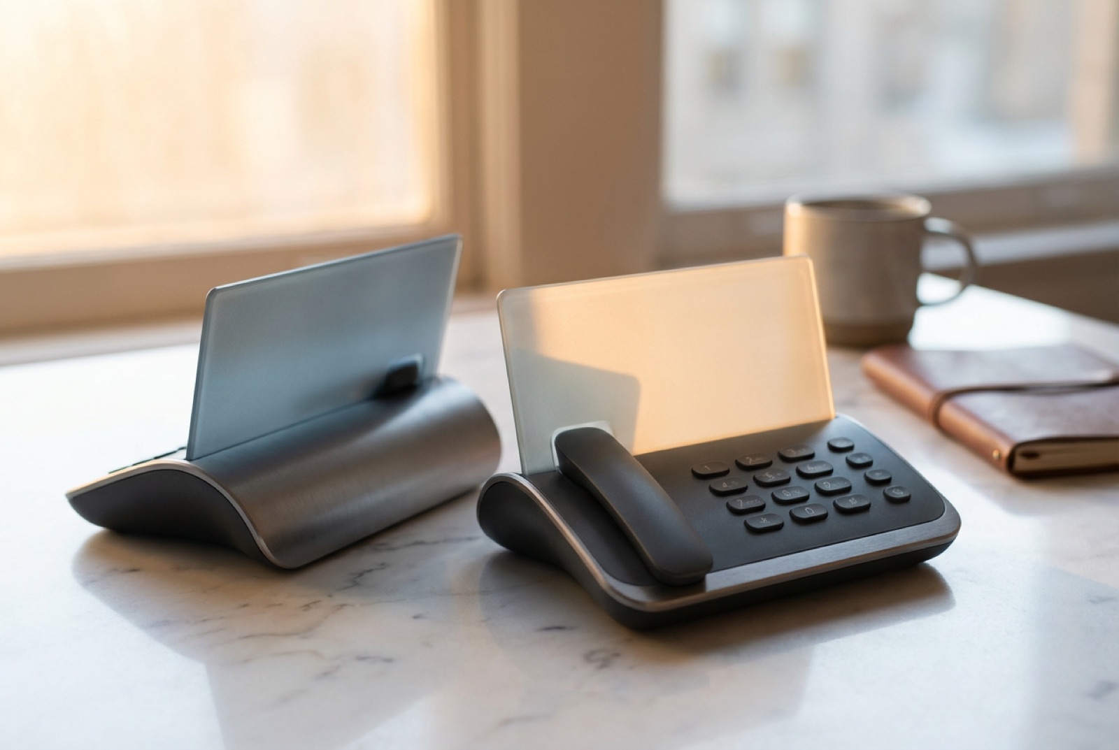 Două telefoane moderne pe un birou — comparație agent vocal AI românesc